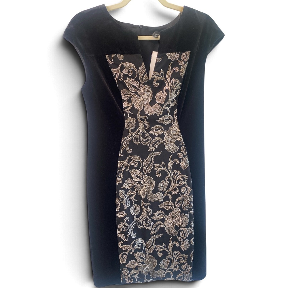 Connected Apparel Black Velvet Gold Floral Sheath Dress 8P TPJ77974P